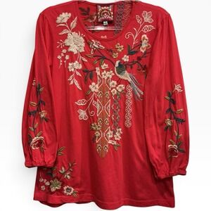 Johnny Was Ellia Floral Bird Embroidered Balloon Sleeve Cotton Shirt Red Small